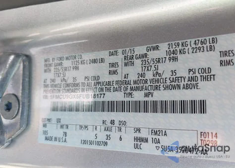 2015 Ford Escape Se z USA, uszkodzony, nr VIN 1FMCU9GX5FUB18177